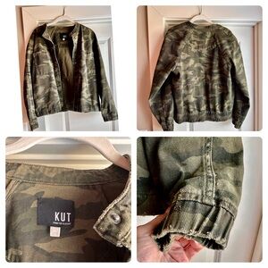 EUC Intentionally Distressed S Kut from the Kloth Camo Button up Bomber Jacket